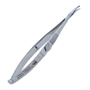 Troutman-Castroviejo Corneal Section Scissors, Left, Serrated And Flat Handle With Polished Finish, Barraquer Stop/Lock, Miniature Model Has Curved Blades, Blunt Tips, Equal Length 10mm Blades, 13mm Mid Screw To Tip Length, And Overall Length of 4" (100mm) 